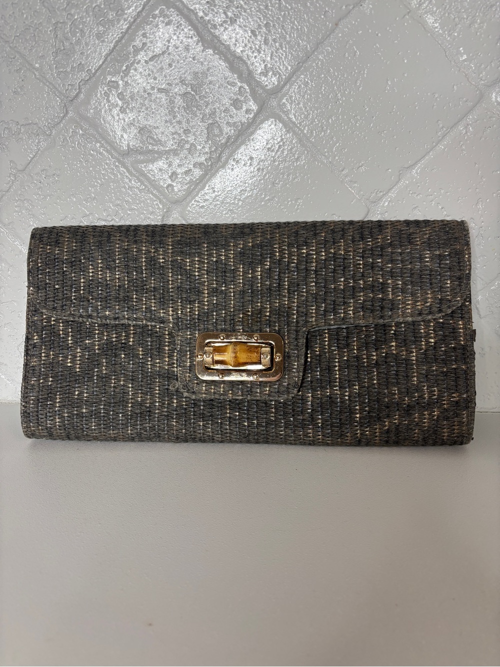 Woven Gray Fold-Over Clutch with Gold-Tone Turnlock